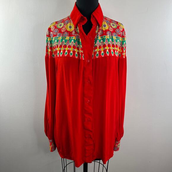 VINTAGE Gottex Red Top Floral Embroidered Collared Long Sleeve Button-Up Small S - Picture 2 of 10